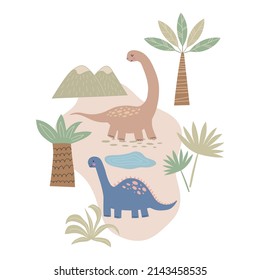 Cute dinosaurs and tropical plants vector illustrations. Cartoon characters reptiles. Hand drawn prehistoric lizard kids poster
