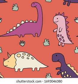 Cute dinosaurs, tropical plants.Funny cartoon dinosaurs seamless pattern.Vector colorful illustration with animals.Hand drawn vector texture 