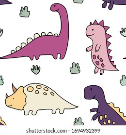 Cute dinosaurs, tropical plants.Funny cartoon dinosaurs seamless pattern.Vector colorful illustration with animals.Hand drawn vector texture 