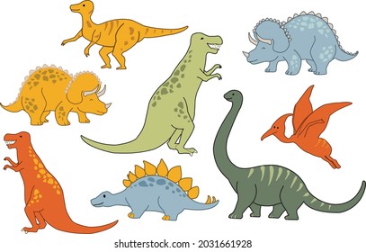 Cute dinosaurs vector artworks. Perfect for kids wall art, toddler clothes, fabric design for kids, kids toy packaging. 