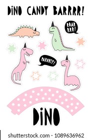 Cute Dinosaurs Vector Candy Bar Illustration. Cake Topper Set. Hand Drawn Pink, Mint Green and Beige Dinos with Black Paper Hats. Black Speech Bubbles with White Text Inside. White Background.