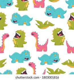 Cute dinosaurs vector cartoon seamless pattern on white background for wallpaper, wrapping, packing, and backdrop.