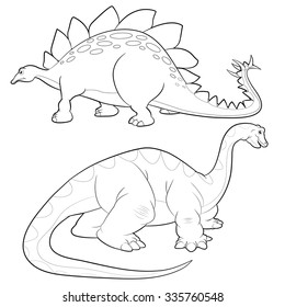Cute Dinosaurs vector cartoon stegosaurus and apatosaurus lineart actions