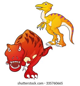 Cute Dinosaurs vector cartoon tyrannosaurus and velociraptor actions