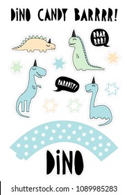 Cute Dinosaurs Vector Graphic. Candy Bar Party Set. Cake Topper Set. Hand Drawn Blue, Mint Green and Beige Dinos with Black Paper Hats. Black Speech Bubbles with White Text Inside. White Background.