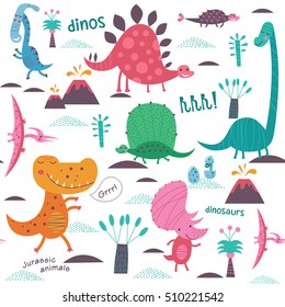 Dinossauros bonitos. Ilustração vetorial de animais jurássico. Padrão sem costura dos desenhos animados em um fundo branco. Pode ser usado para fundos, texturas de superfície, papéis de parede, preenchimentos de padrão.