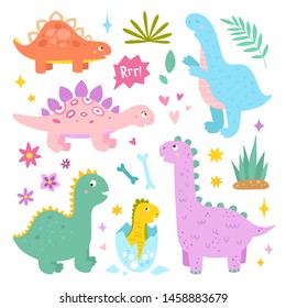 Cute dinosaurs vector illustrations on white background. Funny baby animals clipart for children