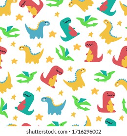 Cute dinosaurs vector seamless pattern on white background for wallpaper, wrapping, packing, and backdrop.