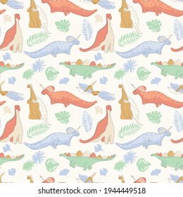 cute dinosaurs. Vector seamless pattern of prehistoric animals and plants Suitable for prints, posters, cards, invitations.