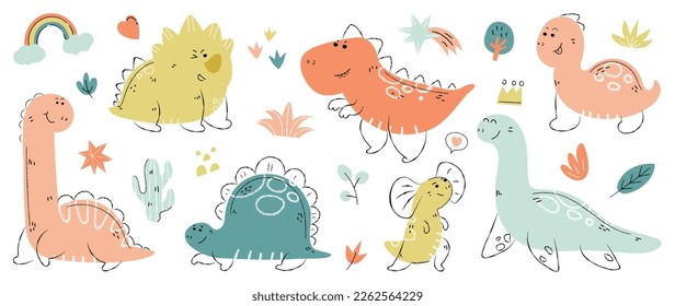 Cute dinosaurs vector set. Hand drawn doodle triceratops, stegosaurus, tyrannosaurus, diplodocus, plesiosaurus. Dinosaur comic character design for kid, print, clothes, poster, education, edutainment.