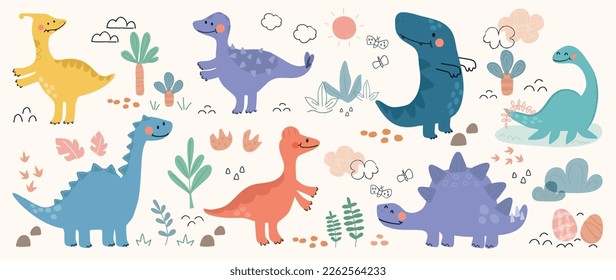 Cute dinosaurs vector set. Hand drawn doodle funny plesiosaurus, stegosaurus, tyrannosaurus, parasaurolophus, spinosaurus. Dinosaur comic character design for kid, print, clothes, poster, education.