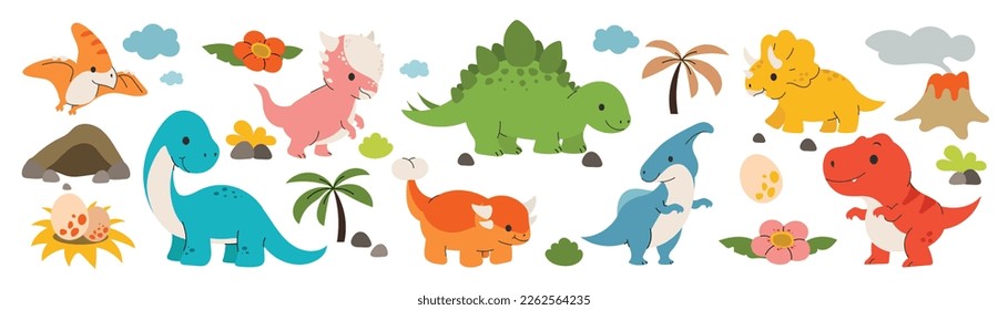 Cute dinosaurs vector set. Hand drawn doodle triceratops, stegosaurus, tyrannosaurus, diplodocus, pterosaur. Dinosaur comic character design for kids, print, clothes, poster, education, edutainment.