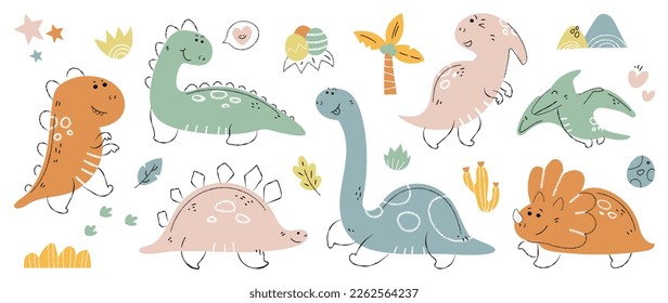 Cute dinosaurs vector set. Hand drawn doodle triceratops, stegosaurus, tyrannosaurus, diplodocus, pterosaur. Dinosaur comic character design for kids, print, clothes, poster, education, edutainment.
