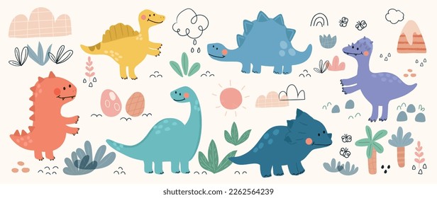 Cute dinosaurs vector set. Hand drawn doodle triceratops, stegosaurus, tyrannosaurus, diplodocus, spinosaurus. Dinosaur comic character design for kid, print, clothes, poster, education, edutainment.