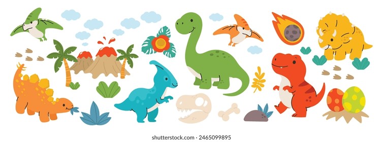 Cute dinosaurs vector set. Hand drawn doodle triceratops, stegosaurus, tyrannosaurus, diplodocus, pterosaur. Dinosaur comic character design for kids, print, clothes, poster, education, edutainment.