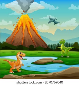 Cute dinosaurs with volcano erupting background illustration