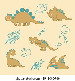 CUTE DINOSAURS VOLCANO ERUPTION LAVA FAUNA WILD AMIMALS VECTOR ILLUSTRATION FOR KIDS TEXTILE NURSERY SCHOOL