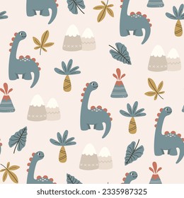 Cute dinosaurs, volcano, palm trees and mountains on a light background. Childish seamless pattern. Dino baby cute background. Dinosaur vector illustration.