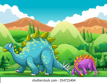 Cute dinosaurs walking in the field illustration