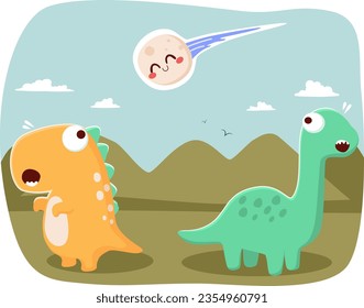 Cute dinosaurs walking in nature. Wild landscape with dino character, prehistoric Jurassic scenery panorama. Childish flat vector illustration of happy dragon animals 