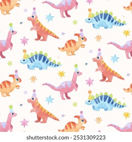 Cute Dinosaurs Watercolor Seamless Pattern