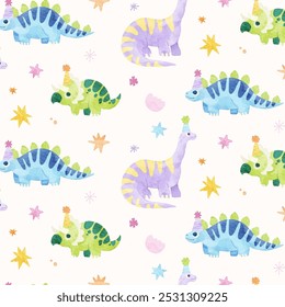 Cute Dinosaurs Watercolor Seamless Pattern