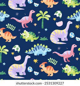 Cute Dinosaurs Watercolor Seamless Pattern