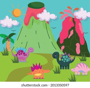 cute dinosaurs in wild nature cartoon