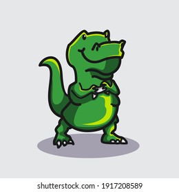 Cute Dinosaurus Mascot Design Vector Illustration Cartoon Character. With A Dinosaurus Playing Game. Recomended For Children Book, Cover Book, Child Design. Cute, Happy, Fun, And Simpel Style.