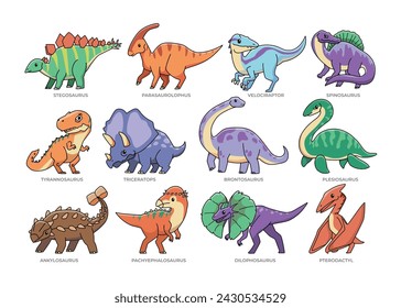 Cute dinosaurus set. Collection of Jurassic animals BC, colorful dinosaurus cartoon outline coloring page. Stegosaurus Parasaurolopus,  Velociraptor, Spinosaurus, Tyrannosaurus Rex, TRex, Triceratops