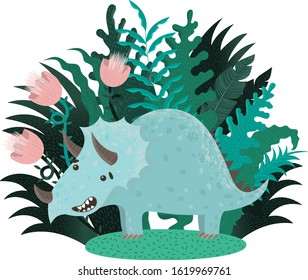 Cute dinosur in plants. Vector illustration. Triceratops.