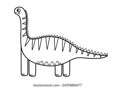 Cute diplodocus animal in black and white. A long neck funny dinosaur in outline for coloring. Vector illustration