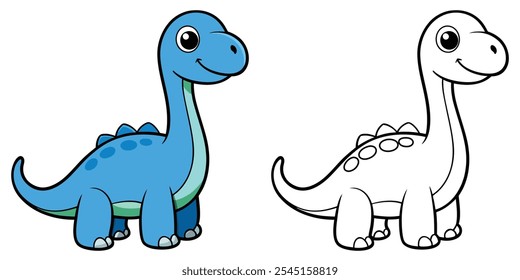 Cute Diplodocus Coloring Pages For Kids Printable. Dinosaurs Cartoon Character Vector Illustration