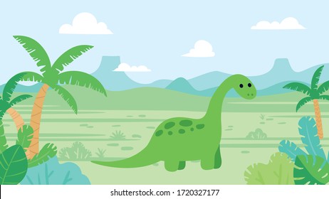 Cute diplodocus dinosaur in prehistoric landscape