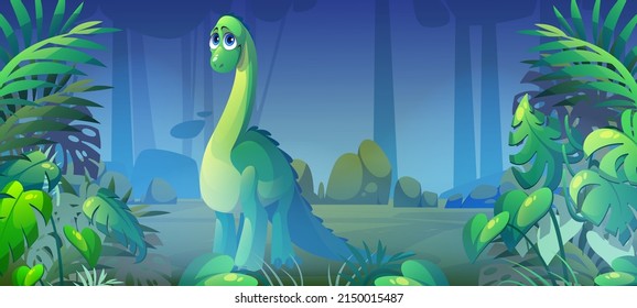 Cute diplodocus in jungle with green plants. Baby dinosaur in prehistoric forest. Vector cartoon illustration of tropical wood, rainforest landscape with funny dino