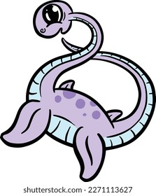 Cute Diplodocus or Plesiosaur Cartoon Dinosaur Illustration in Vector in Bright Colour