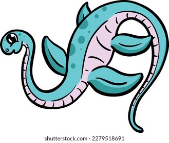 Cute Diplodocus or Plesiosaur Cartoon Dinosaur Illustration in Vector in Bright Colour