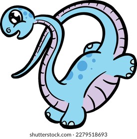 Cute Diplodocus or Plesiosaur Cartoon Dinosaur Illustration in Vector in Bright Colour