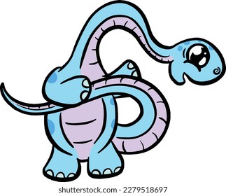 Cute Diplodocus or Plesiosaur Cartoon Dinosaur Illustration in Vector in Bright Colour