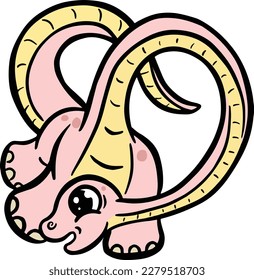 Cute Diplodocus or Plesiosaur Cartoon Dinosaur Illustration in Vector in Bright Colour