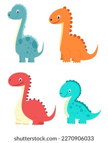 Cute diplodocus set. Vector flat cartoon illustration