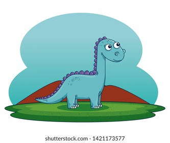 cute diplodocus wild dinosaur with mountains