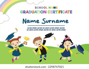 Cute diploma certificate template for preschool, kindergarten or primary school student. Children celebrating the graduation happily. Vector file.