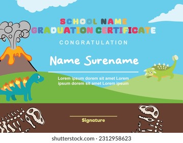 Cute diploma certificate template for preschool, kindergarten or primary school student. A cute and kawaii dinosaurs character. Vector file.