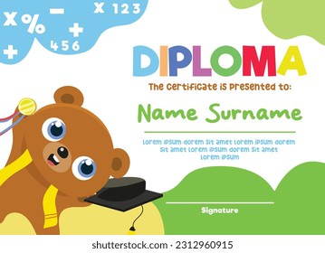 Cute diploma certificate template for preschool, kindergarten or primary school student. A cute and kawaii bear holding the graduation trophy. Vector file.
