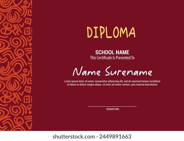 Cute diploma certificate template for preschool, kindergarten or primary school student. Cute kids with graduation certificate and award trophy.