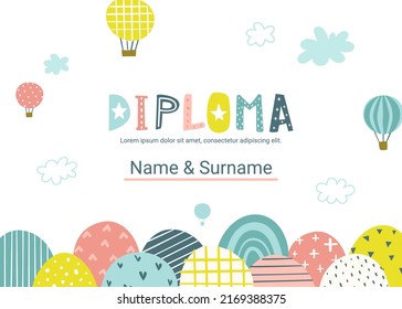 Cute diploma template with abstract hills and hot air balloons. Certificate vector design for children competition.