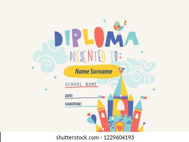 Cute Diploma template for kids. Vector illustration. Castle illustration. Positive Diploma design template.