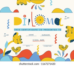 Cute Diploma template for kids.Vector illustration.