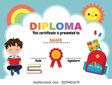 Cute diploma template for school boy. Flat vector cartoon style
